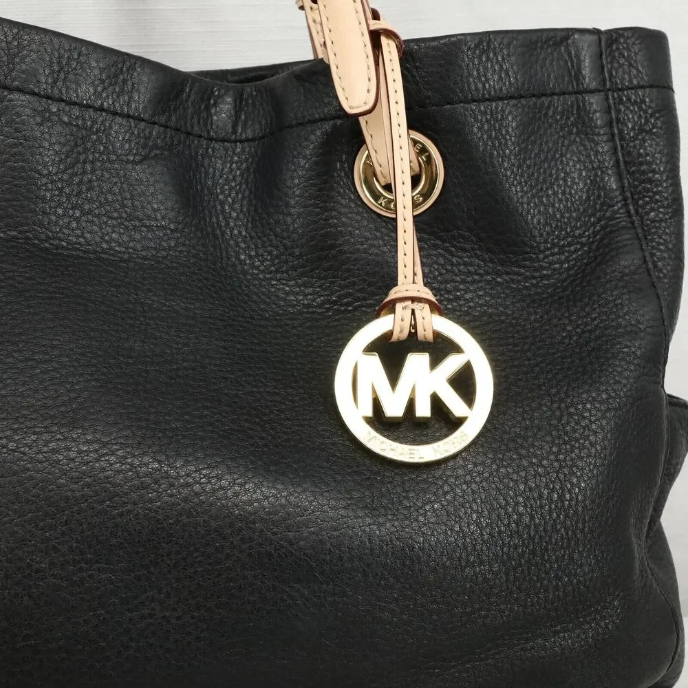 Michael Kors Bag Womens Black Pebbled Leather Tote Handbag Charm Double Handle - Picture 7 of 14